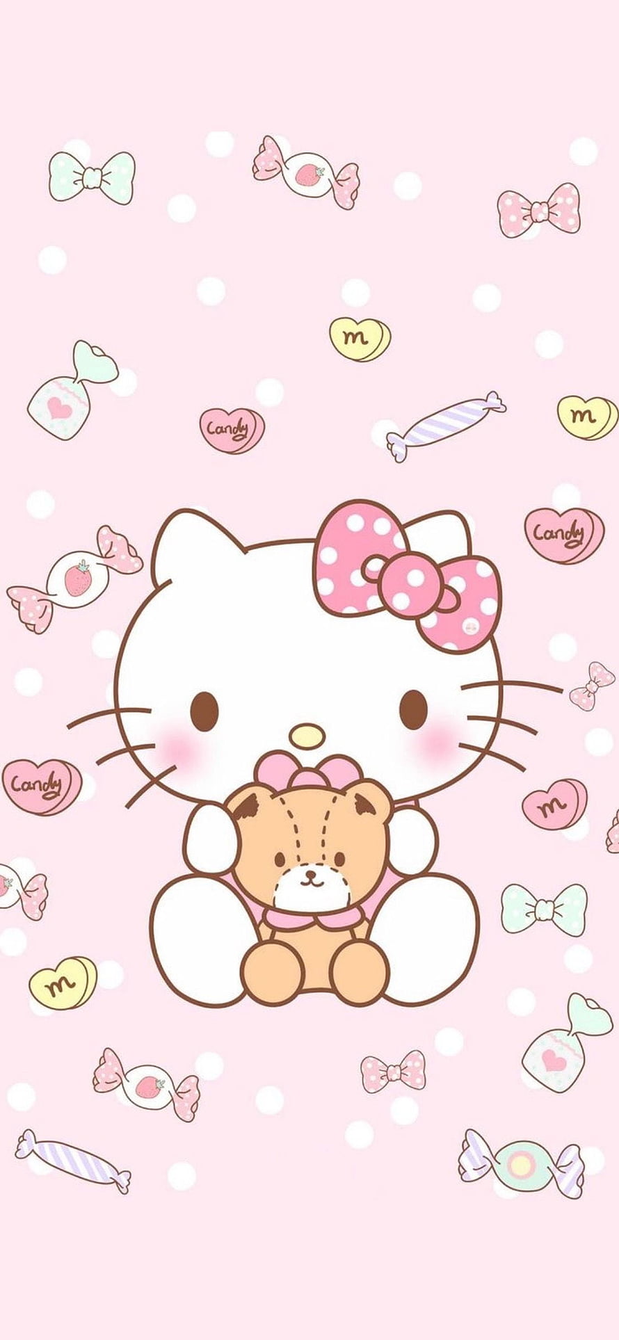 Cute Hello Kitty Holding Teddy Bear With Candy And Bows On Pink Polka Dot Background HD phone wallpaper