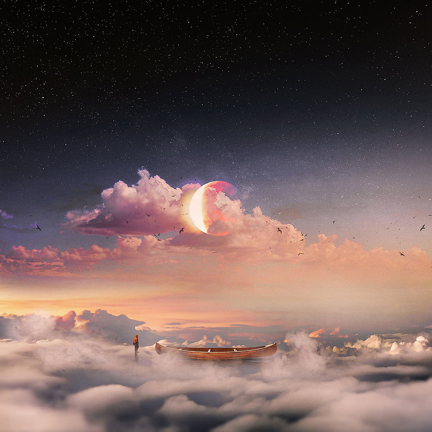 Surreal Dreamscape of a Solitary Figure and Wooden Boat Floating Above a Sea of Clouds Under a Starry Moonlit Sky HD phone wallpaper