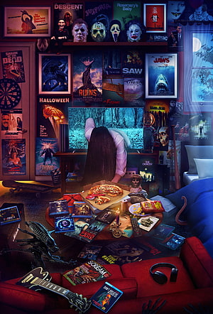 Cozy Horror Movie Night Setup with Classic Film Posters and Pizza HD phone wallpaper