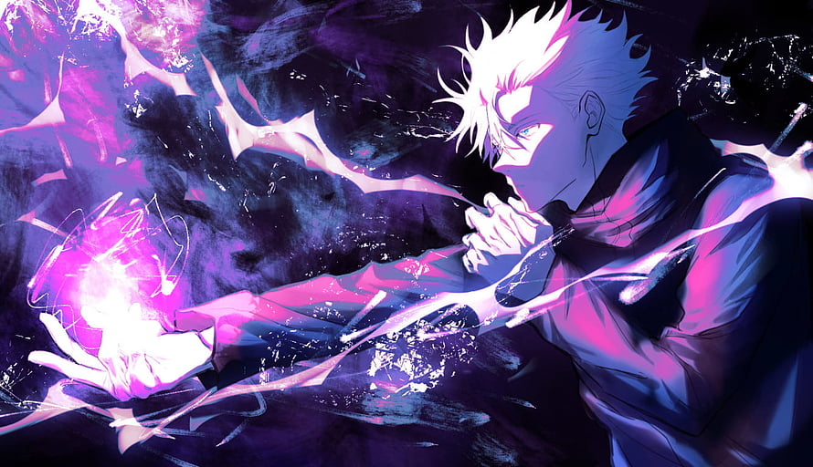 Gojo Satoru from Jujutsu Kaisen casting purple energy spell in anime style HD wallpaper