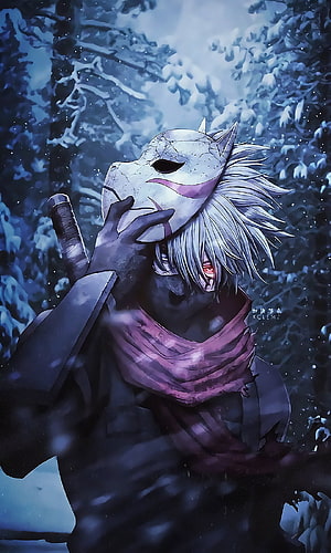 Kaneki Ken from Tokyo Ghoul holding a white mask in a snowy forest HD phone wallpaper
