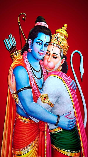 Emotional Portrait of Lord Rama and Hanuman Embracing in Traditional Attire, Shri Ram Hanuman - Shri Ram For Mobile, Shree Ram HD phone wallpaper