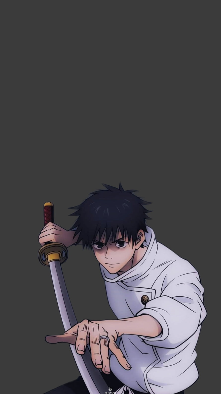 Yuta Okkotsu from Jujutsu Kaisen in a white uniform holding a katana against a dark background HD phone wallpaper