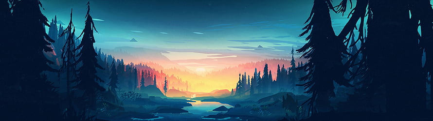 Serene Digital Art Forest Landscape at Sunset with River and Pine Trees HD wallpaper