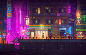 Neon-lit Cyberpunk City Street with Pixel Art Robots and Glowing Signs HD wallpaper