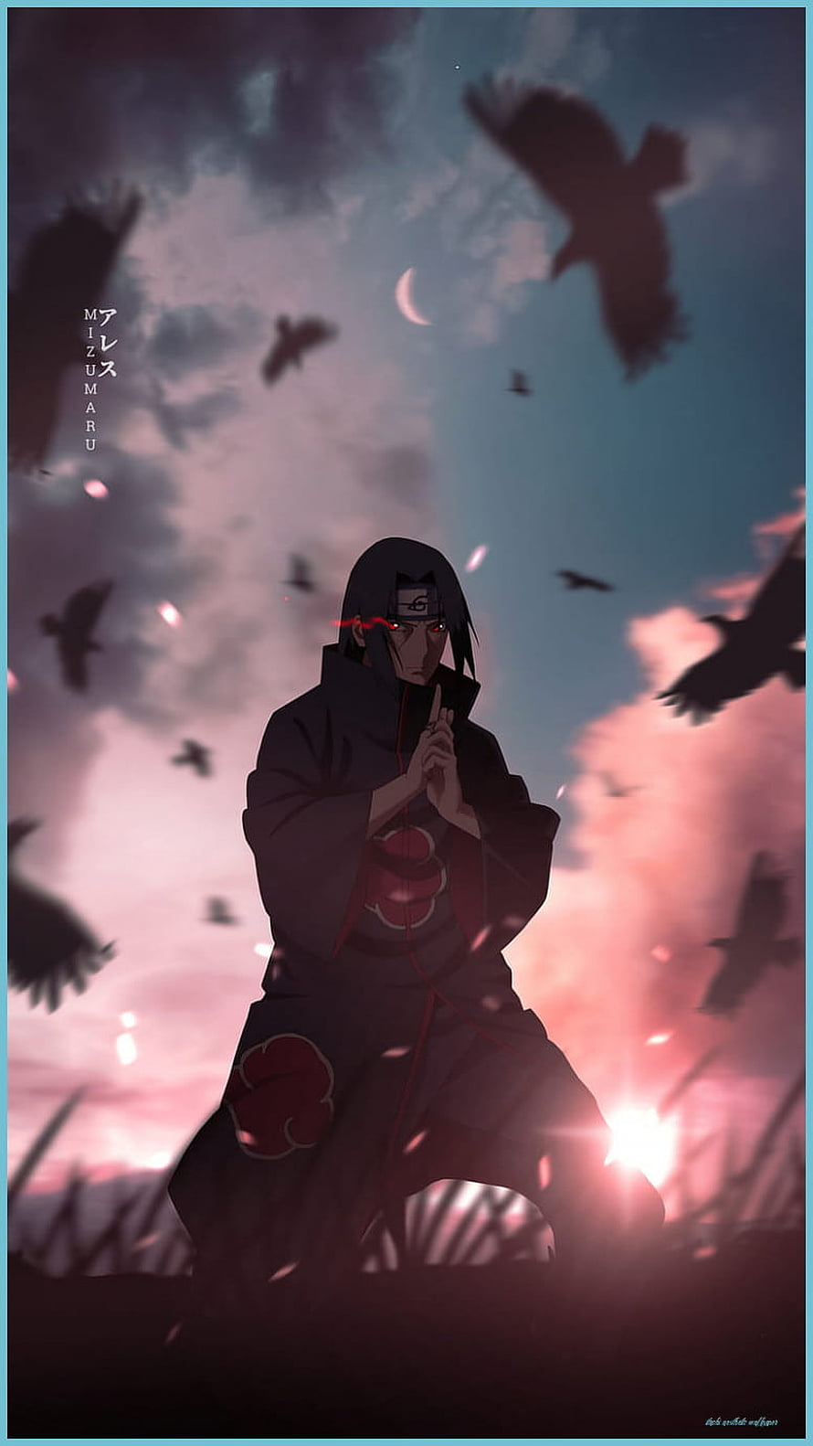 Itachi Uchiha in Akatsuki Robe with Sharingan Eyes and Crows at Dusk HD phone wallpaper