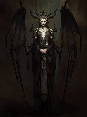Lilith from Diablo: Dark Winged Demoness in Ornate Armor and Horned Crown HD phone wallpaper