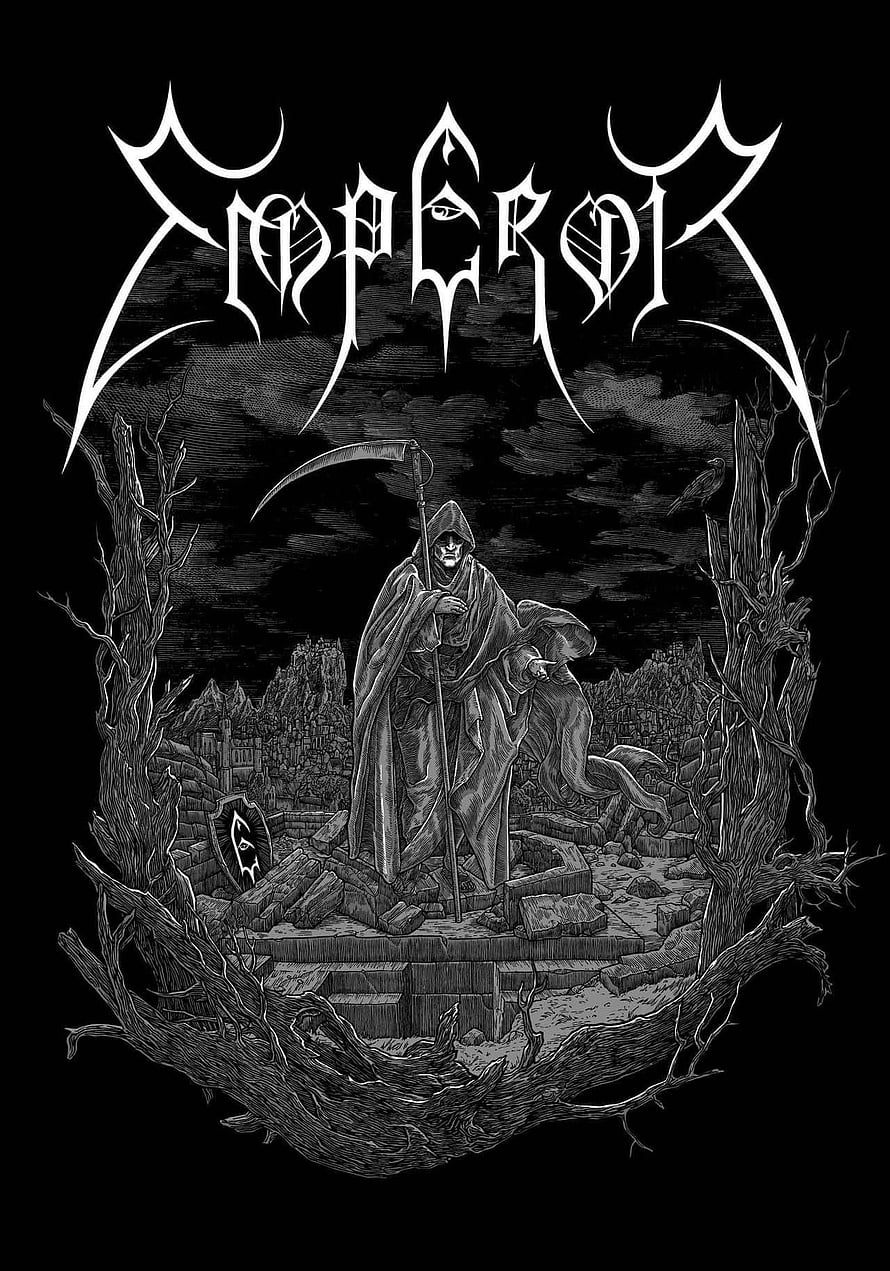 Emperor Black Metal Band Logo with Grim Reaper and Gothic Illustration HD phone wallpaper