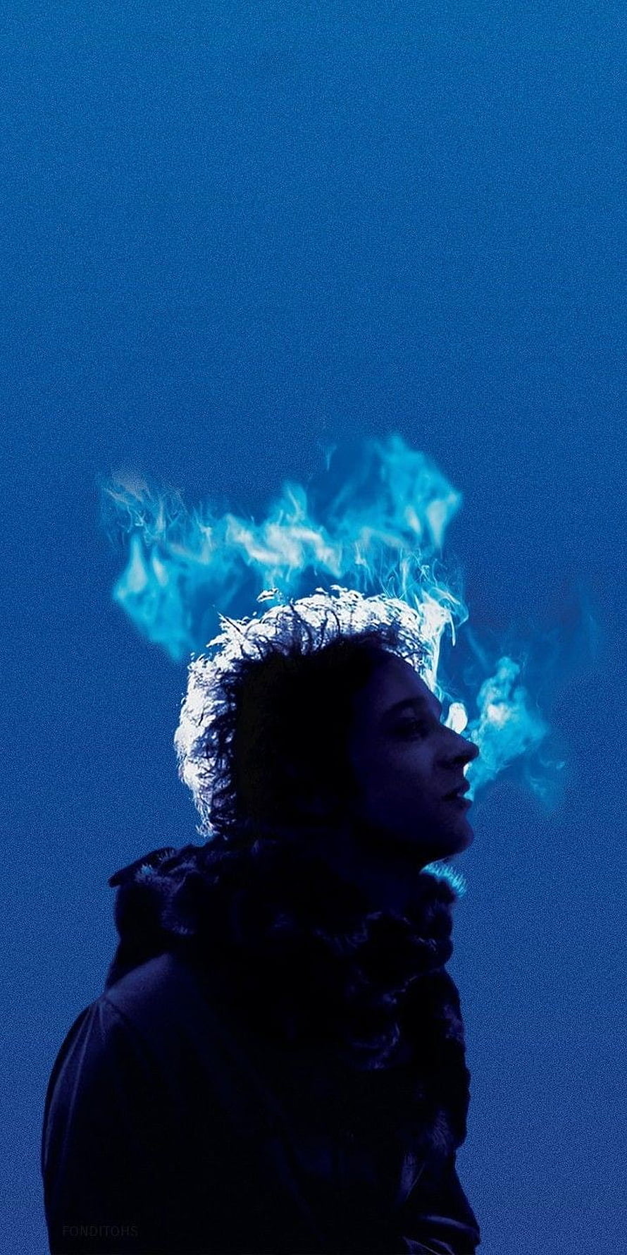 Silhouette of a person with blue flames burning on their head against a dark blue background HD phone wallpaper