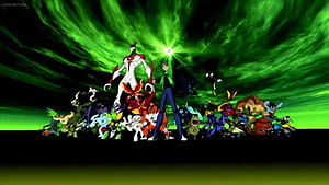 Ben 10 Ultimate Alien Hero and Alien Forms Group Scene with Green Energy Background HD wallpaper