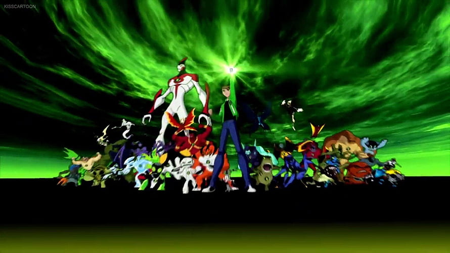 Ben 10 Ultimate Alien Hero and Alien Forms Group Scene with Green Energy Background HD wallpaper