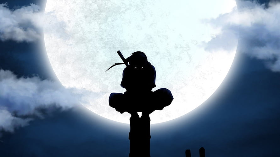 Silhouette of a Samurai Warrior Perched on a Post Against a Giant Full Moon HD wallpaper
