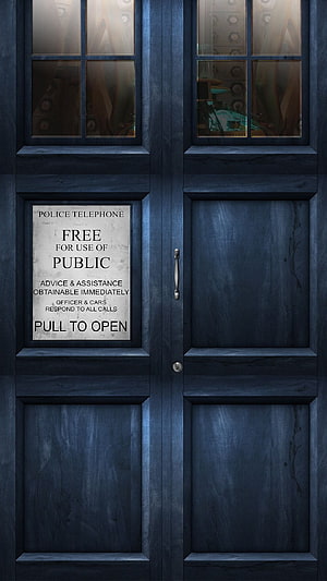 Doctor Who TARDIS Door with Police Telephone Sign and Vintage Blue Wood Paneling HD phone wallpaper