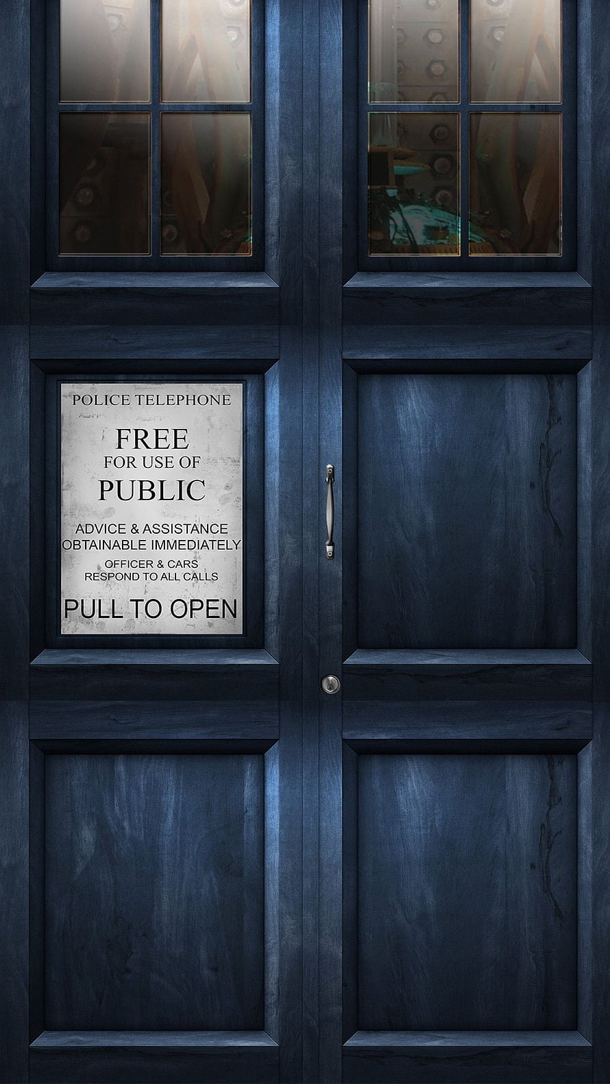 Doctor Who TARDIS Door with Police Telephone Sign and Vintage Blue Wood Paneling HD phone wallpaper