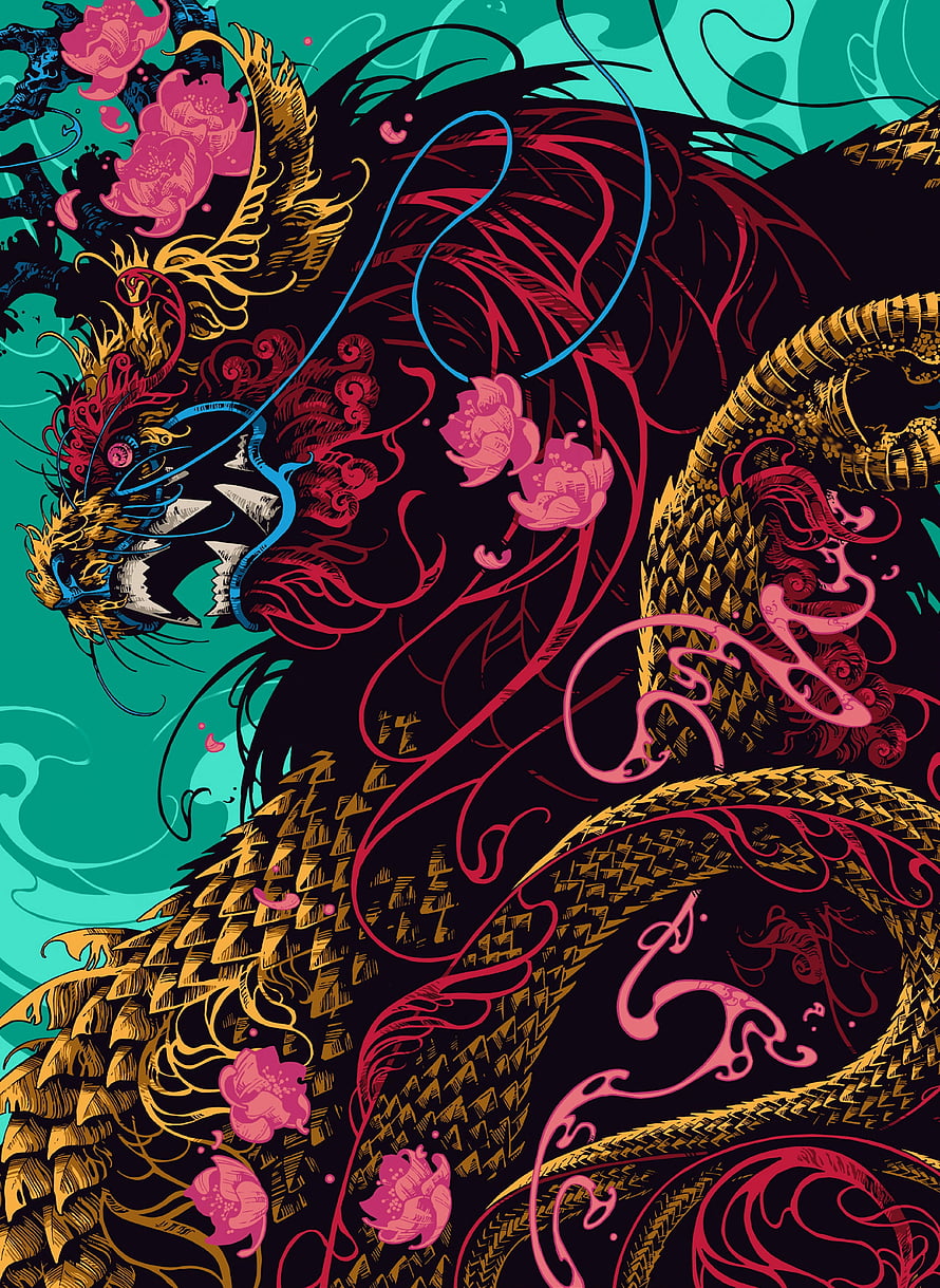 Intricate Japanese Dragon Illustration with Vibrant Floral Accents and Ornate Scales HD phone wallpaper