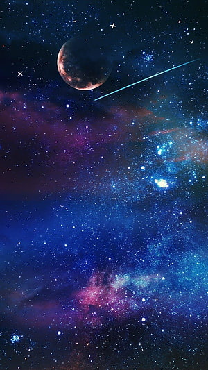 Vibrant Deep Space Nebula with Distant Planet and Shooting Star Trail HD phone wallpaper