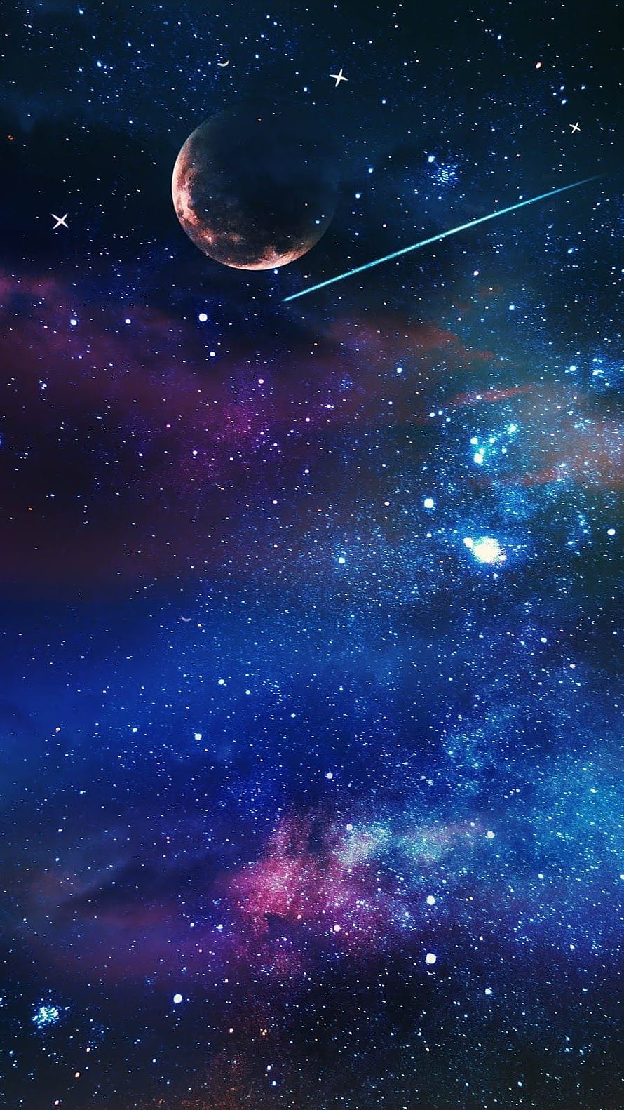 Vibrant Deep Space Nebula with Distant Planet and Shooting Star Trail HD phone wallpaper