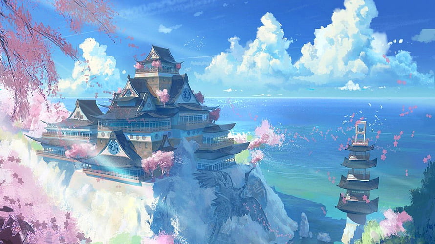 Anime Style Japanese Castle on Cliff with Cherry Blossoms and Ocean View HD wallpaper