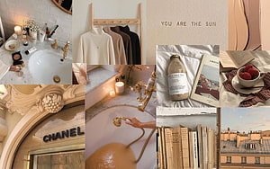 Soft Brown Aesthetic Mood Board Featuring Chanel, Bathing, and Parisian Rooftops HD wallpaper