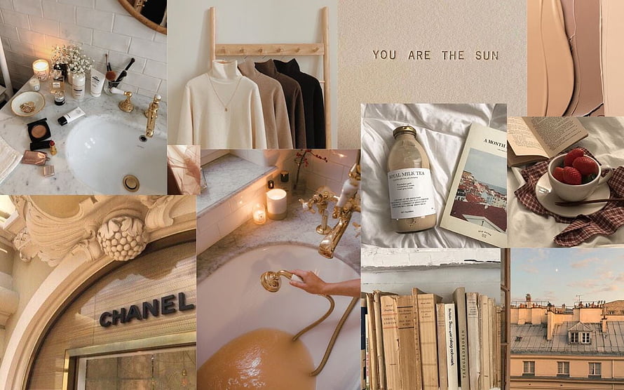 Soft Brown Aesthetic Mood Board Featuring Chanel, Bathing, and Parisian Rooftops HD wallpaper
