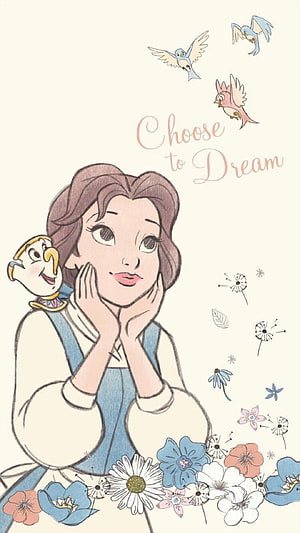 Belle and Lumiere in a whimsical watercolor illustration with flowers and birds HD phone wallpaper