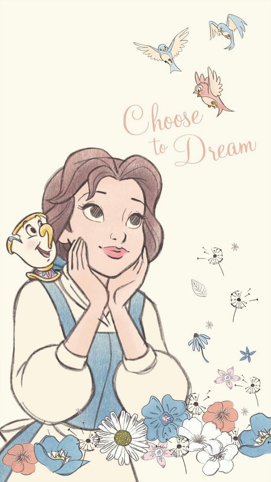 Belle and Lumiere in a whimsical watercolor illustration with flowers and birds HD phone wallpaper