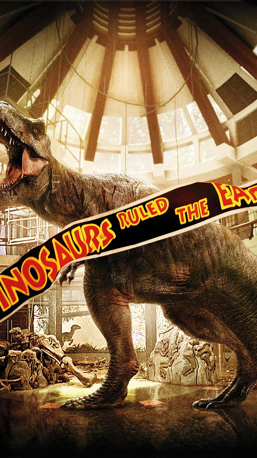 Tyrannosaurus Rex Roaming Inside a Museum Hall with Vintage Banner HD phone wallpaper