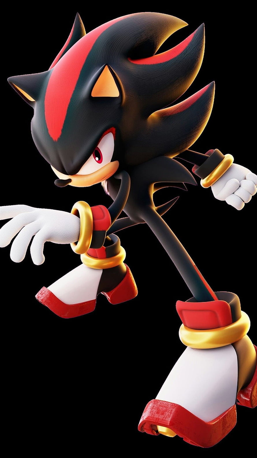 Shadow the Hedgehog in Dynamic Action Pose with Red and Gold Accents on Black Background HD phone wallpaper