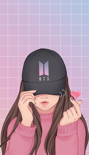 BTS Fan Girl Illustration Wearing Black Cap and Pink Sweater HD phone wallpaper