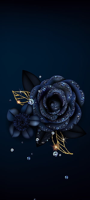 Elegant Dark Blue Rose With Gold Accents And Sparkling Diamonds HD phone wallpaper