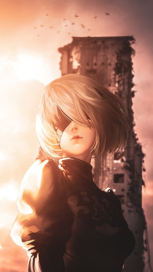 2B from NieR Automata anime wallpaper, blonde girl with blindfold in ruins at sunset HD phone wallpaper