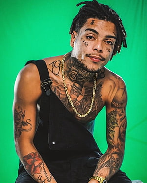 MC Kevin Portrait With Extensive Body Tattoos And Gold Chain Against Green Background HD phone wallpaper