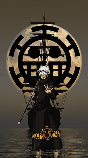 Trafalgar Law from One Piece standing with the Heart Pirates ship and Jolly Roger against a full moon HD phone wallpaper