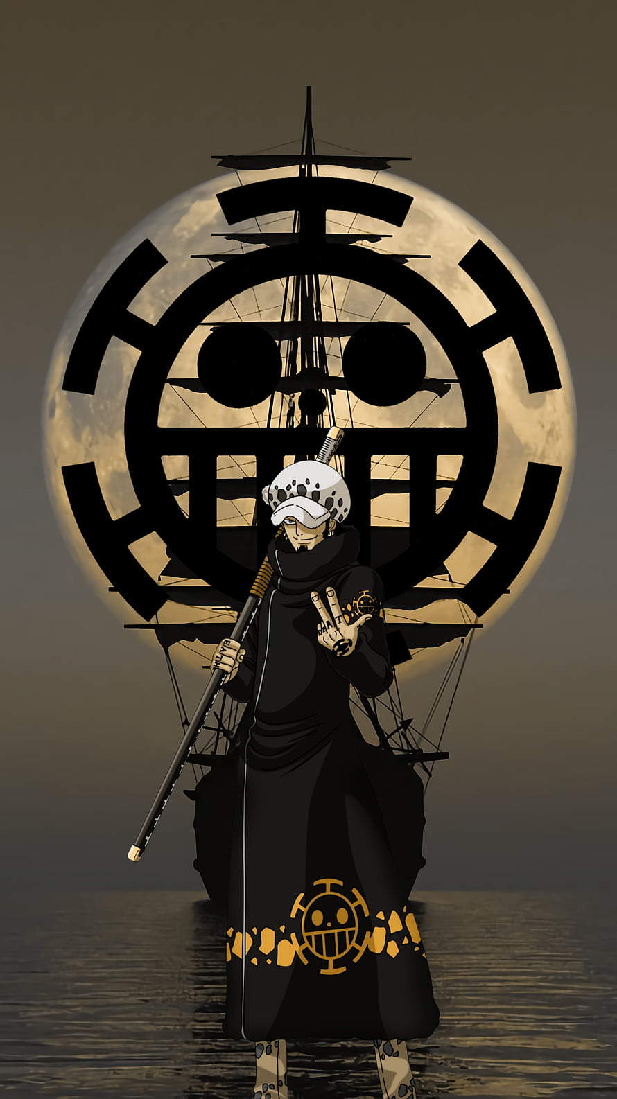 Trafalgar Law from One Piece standing with the Heart Pirates ship and Jolly Roger against a full moon HD phone wallpaper