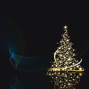 Elegant Golden Sparkle Christmas Tree with Flowing Blue Ribbons on Black Background HD phone wallpaper