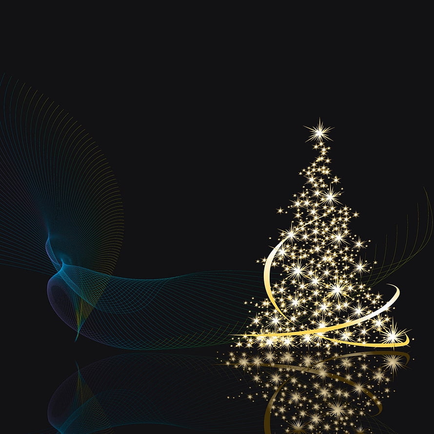 Elegant Golden Sparkle Christmas Tree with Flowing Blue Ribbons on Black Background HD phone wallpaper