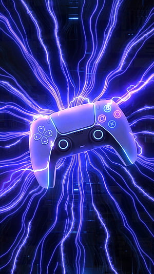 PlayStation 5 DualSense Controller Surrounded by Electric Blue Lightning and Neon Energy Waves HD phone wallpaper