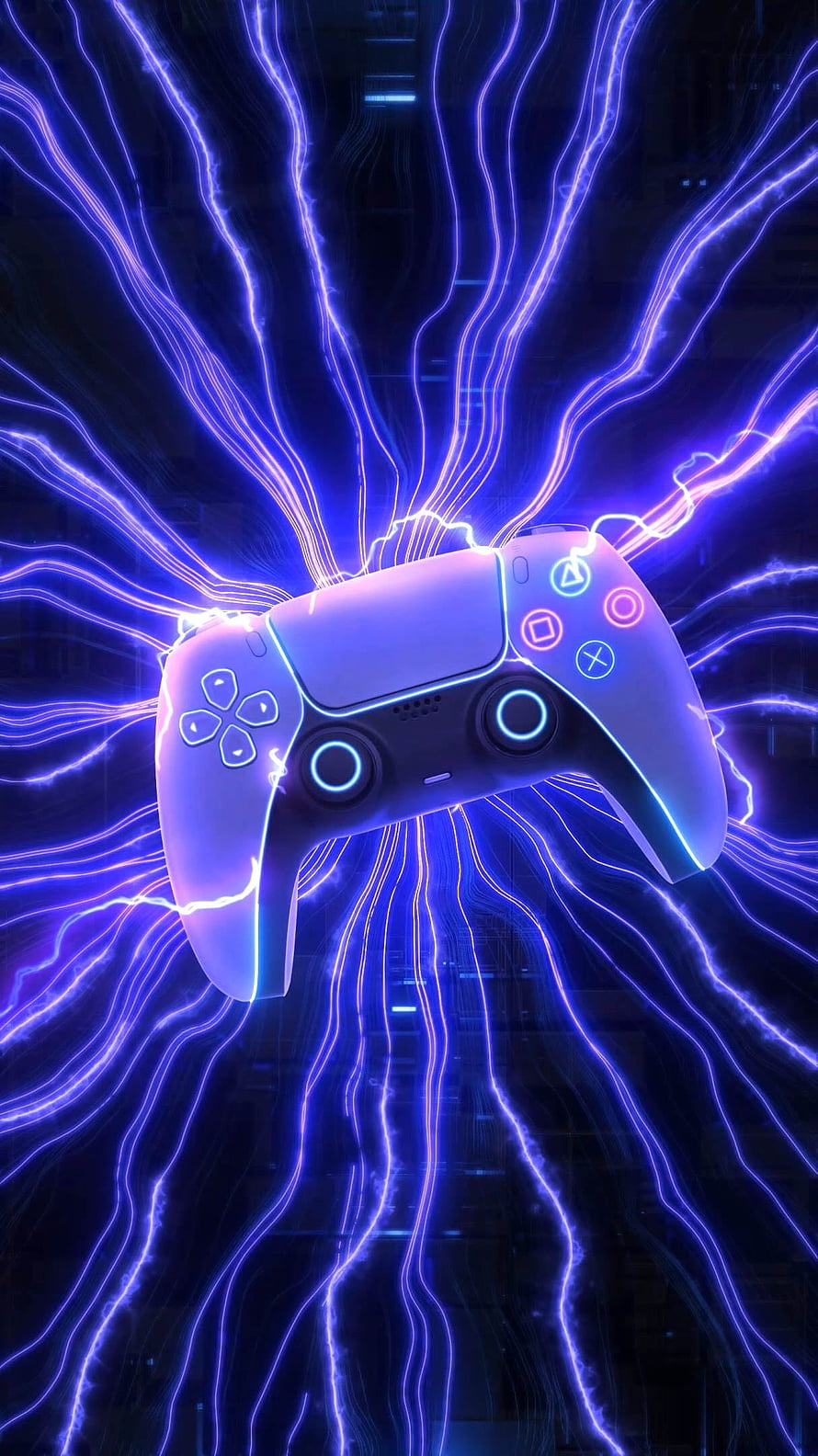 PlayStation 5 DualSense Controller Surrounded by Electric Blue Lightning and Neon Energy Waves HD phone wallpaper