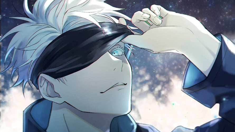 Gojo Satoru from Jujutsu Kaisen lifting his blindfold against a starry night sky HD wallpaper