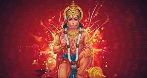 Lord Hanuman Digital Art Wallpaper with Golden Mace and Red Background, Hanuman , Hanuman PC HD wallpaper