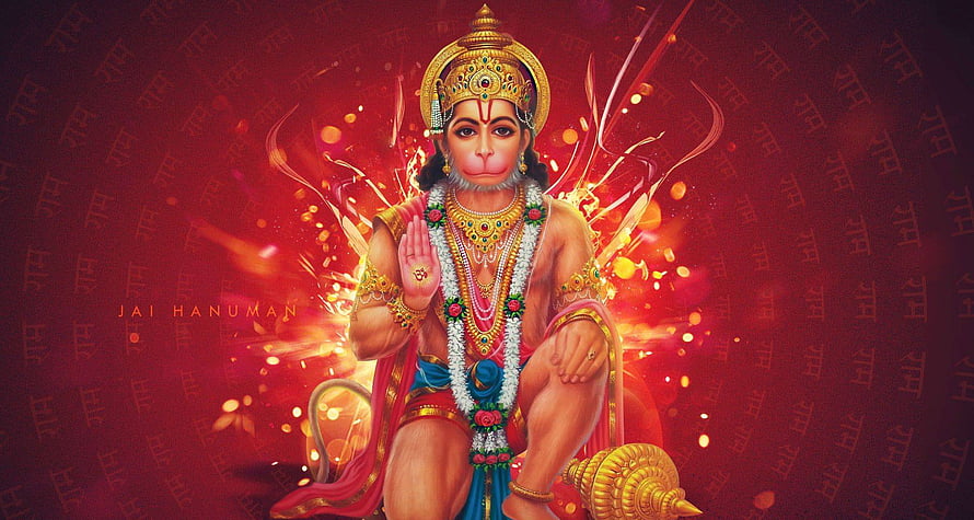 Lord Hanuman Digital Art Wallpaper with Golden Mace and Red Background, Hanuman , Hanuman PC HD wallpaper