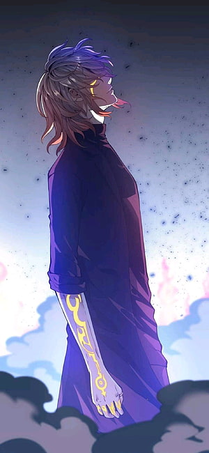 Anime Character With Glowing Yellow Runes On Arm And Purple Hair HD phone wallpaper