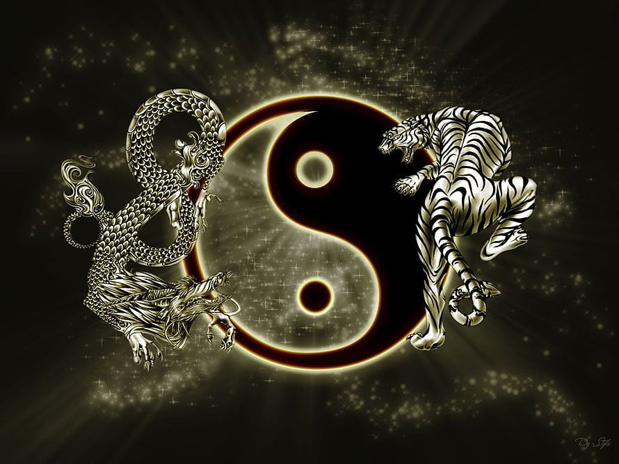 Metallic Dragon and Tiger Flanking a Glowing Yin Yang Symbol on a Dark Starry Background HD wallpaper