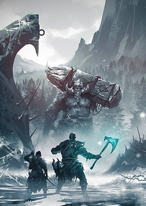 God of War Concept Art: Warriors Confronting a Giant in a Snowy Landscape HD phone wallpaper