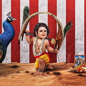 Baby Krishna with Peacock Feather Crown and Peacock HD phone wallpaper