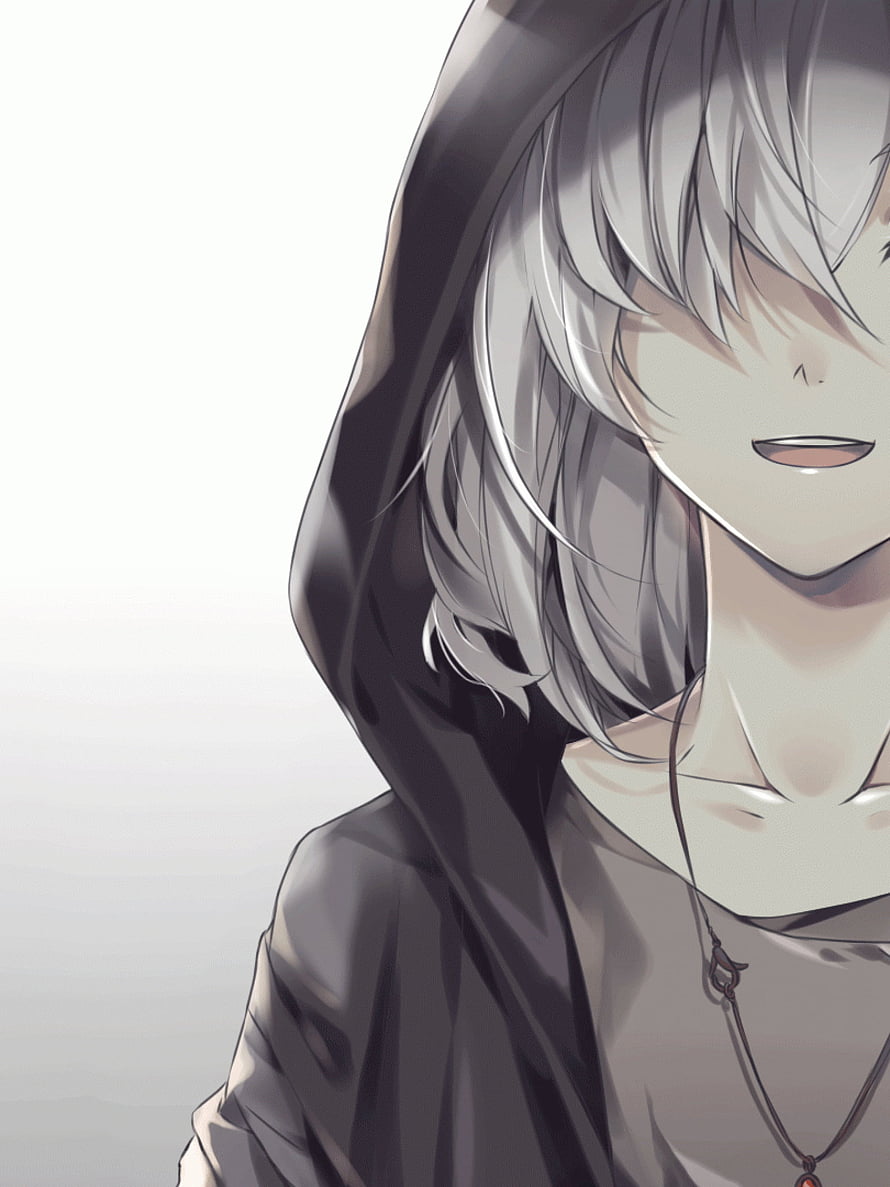 Anime Boy With Silver Hair And Hoodie Smiling Portrait HD phone wallpaper