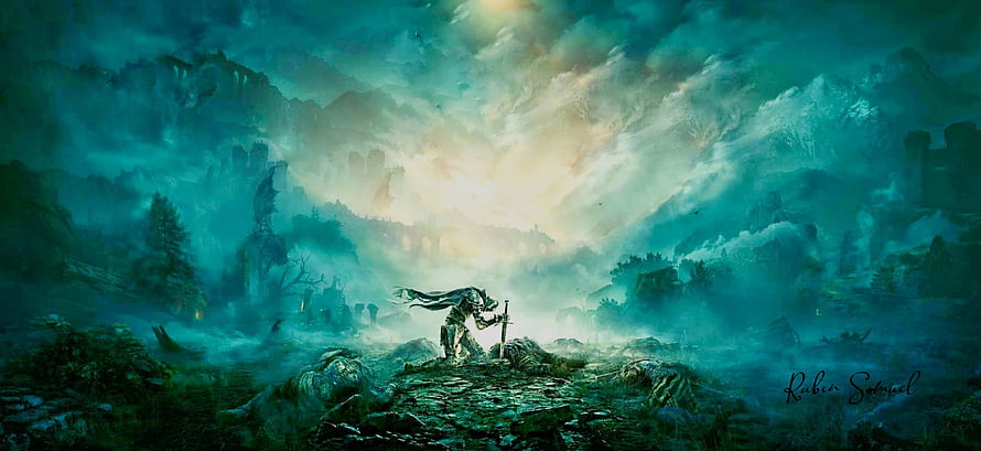 Elden Ring Fantasy Landscape with Lone Warrior in Misty Ruins HD wallpaper