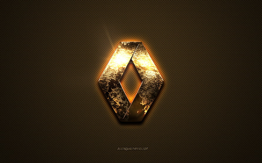 Glowing Golden Renault Emblem on Dark Textured Metal Surface HD wallpaper