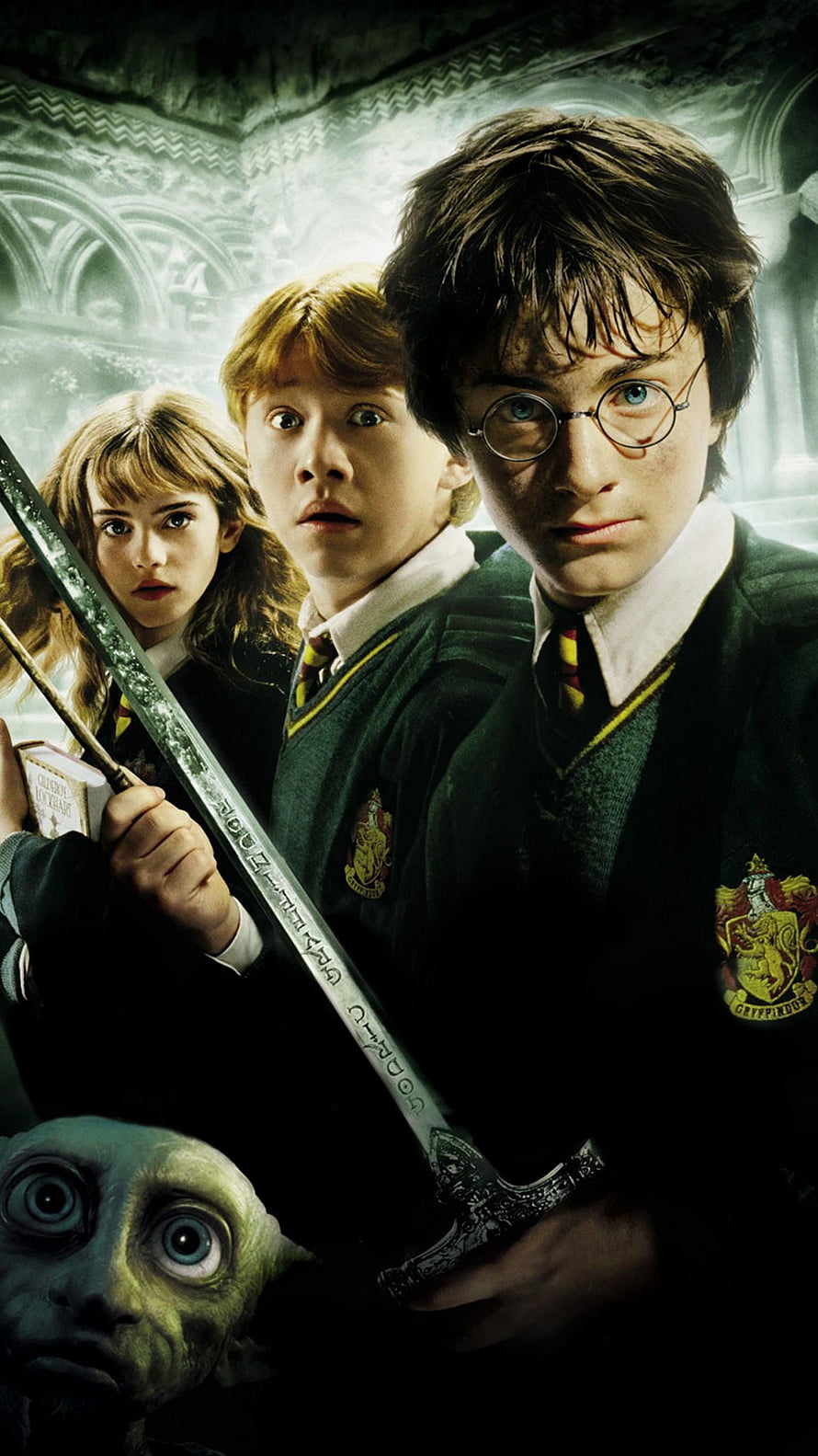 Harry Potter and the Chamber of Secrets Movie Poster Featuring Harry, Ron, Hermione, and Dobby HD phone wallpaper