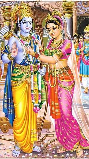 Lord Rama and Sita Devi in Traditional Indian Art with Bow and Garlands HD phone wallpaper